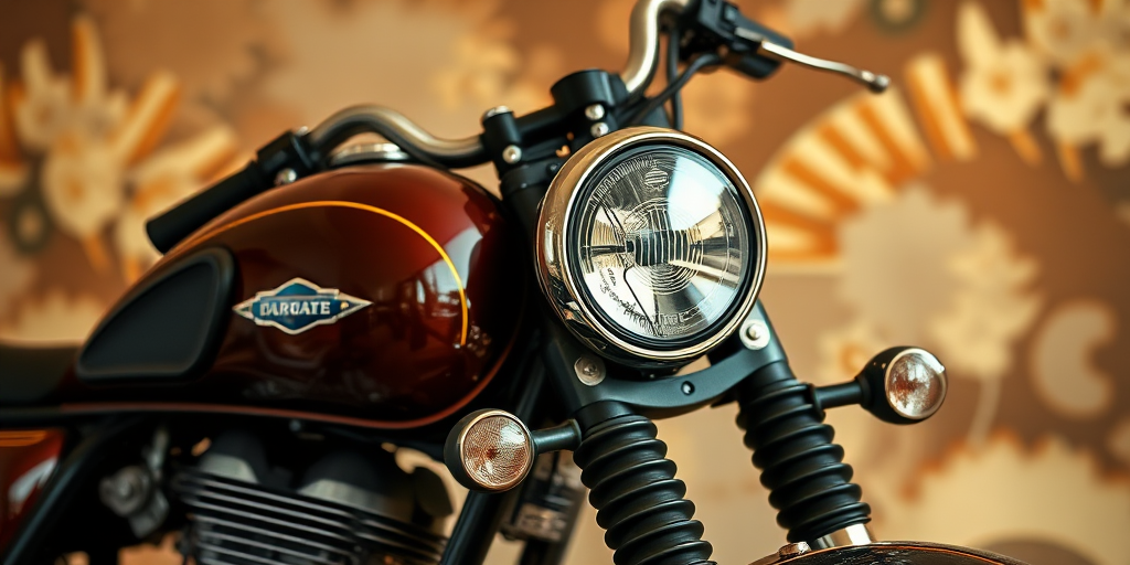 Capture a close-up of a vintage motorcycle with intricate details and a glossy finish, set against a dreamy abstract background of warm browns and creams, using a DSLR camera at f/2.8 aperture, 1/125 sec shutter speed, ISO 100, 50mm lens, in soft natural lighting for a high dynamic range and rich colors.
