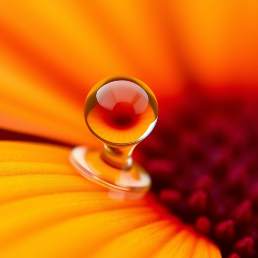 macro photograph of a water droplet on a yellow petal reflecting a red flower background, aperture f/2.8, shutter speed 1/200s, ISO 100, using a DSLR camera with a 100mm macro lens, shot from a close-up angle to emphasize the details.