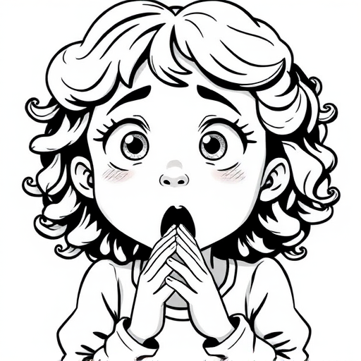 The image is a black and white illustration of a young girl with curly hair. She has a surprised expression on her face with her mouth open and her hands clasped together in front of her chest. Her eyes are wide and her eyebrows are furrowed. Her hair is styled in loose curls that are cascading down her back. The overall mood of the image is one of shock or surprise.