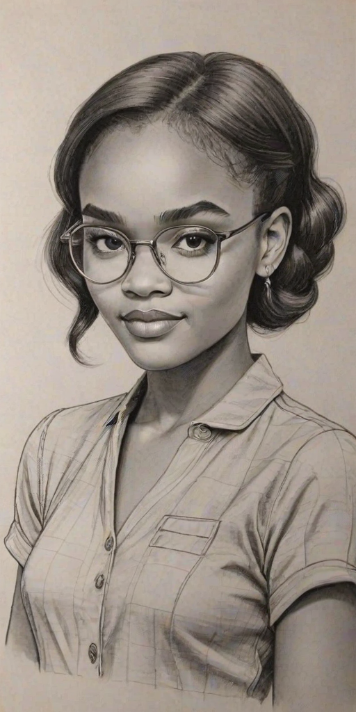 Fascinating China Anne McClain, pencil sketch, portrait of Superb woman 1945s in glasses, hair style beatnik, outline, clear lines, fine lines, 8k