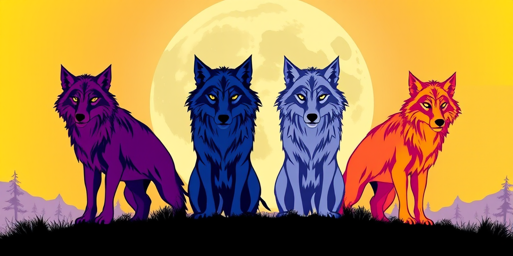 Create a vibrant and detailed digital illustration of four stylized werewolves in contrasting colors (yellow, purple, blue, pink) with a large, artistic moon in the background, using a Canon EOS R5 camera style, 50mm lens, f/2.8 aperture, ISO 100, and a panoramic view for enhanced quality.