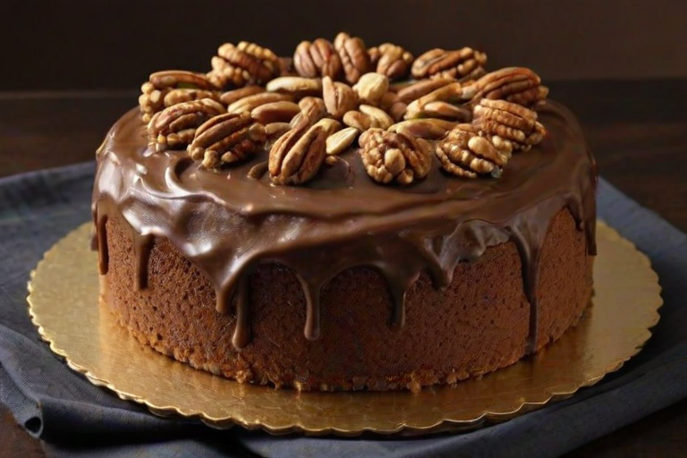 Create an image of a round cake with a golden-brown crust and a glossy top. The cake should have a slice cut out, revealing a rich, dark interior with visible chunks of nuts or chocolate. The setting should include a simple, textured background and a decorative cloth partially draped around the cake.