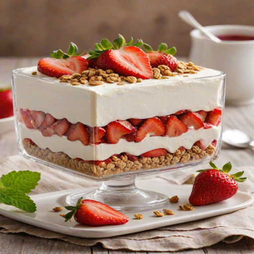 Generate an image of a delicious strawberry dessert. The dessert should be layered with creamy white filling, vibrant red strawberry layers, and topped with fresh strawberry slices. Include a crunchy granola or biscuit base, and arrange the pieces on a light-colored surface. The overall presentation should look fresh and inviting, with a focus on the bright colors of the strawberries and the creamy texture.