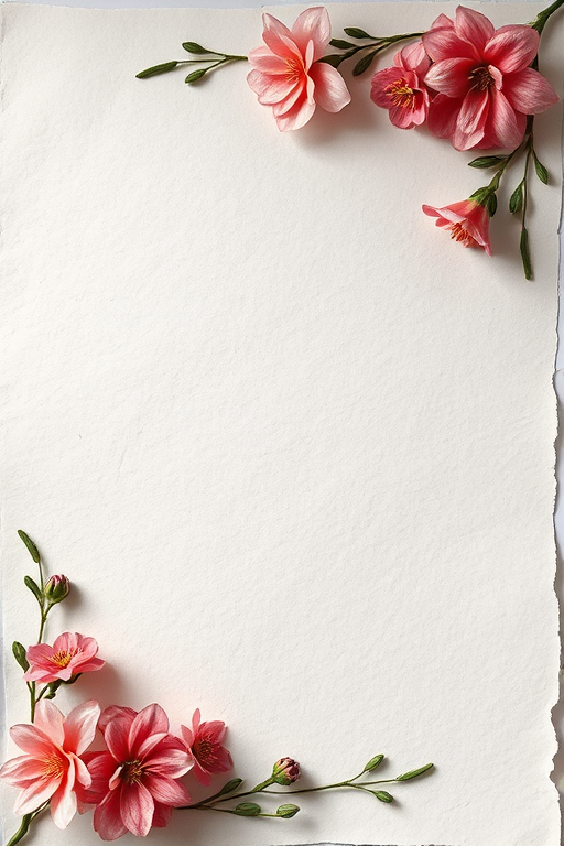 Floral border design on textured paper, soft lighting, 50mm lens, f/2.8 aperture, ISO 100, DSLR camera, overhead view, high resolution.