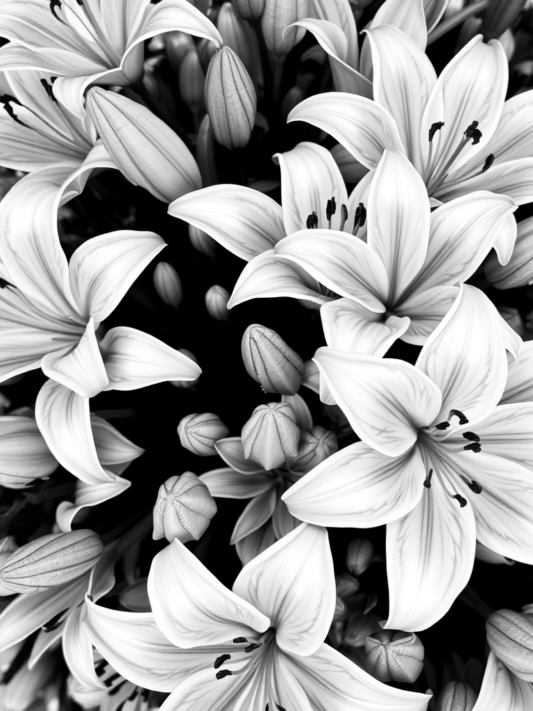 Create a highly detailed black and white illustration of a variety of blooming lilies in a lush arrangement, using a macro lens at f/2.8 for a shallow depth of field, shot from a top-down view with natural lighting to enhance textures and tones, using a DSLR camera for optimal clarity.