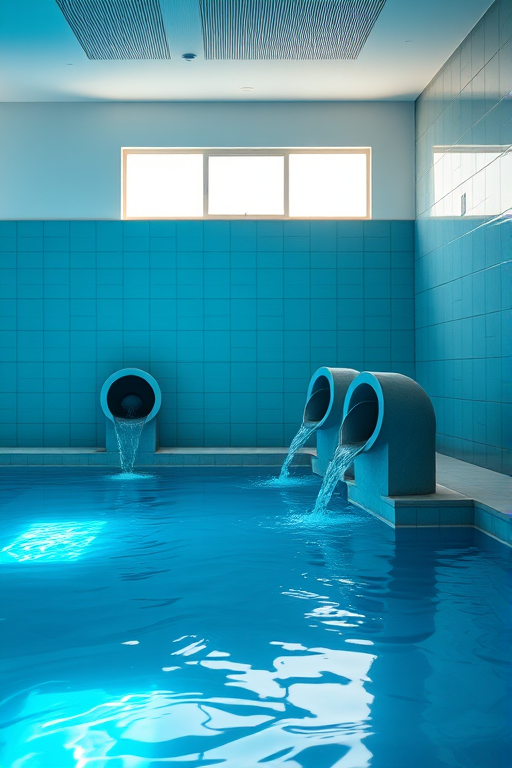 A modern indoor swimming pool scene with four large cylindrical water outlets, sleek tiled walls, sunlight streaming in from a large window, vibrant blue water reflecting light, shot with a Canon EOS R5, 35mm lens, aperture f/8, ISO 100, natural light enhancement, wide-angle view to capture the entire pool area.