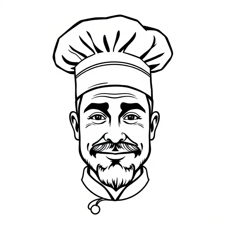 create a minimalist illustration of a chef's face with a stylish hat, high contrast black and white line art, using a digital drawing tablet, 300 DPI resolution, top-down view, soft natural lighting