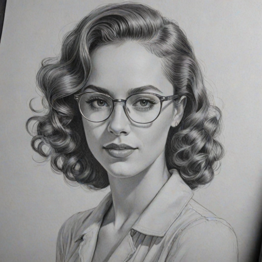 Comely Brittany Bell, pencil sketch, portrait of Stunning woman 1938s in glasses, hair style beatnik, outline, clear lines, fine lines, 8k