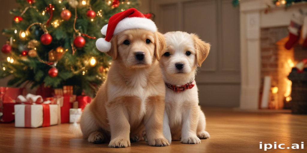 Two Adorable Puppies Dressed for Christmas Sitting by a Festive Tree.