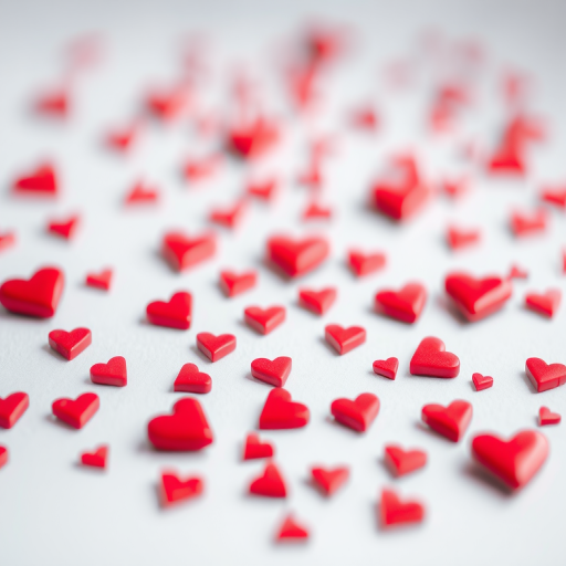 Create an image of scattered red hearts in various sizes with a soft-focus background, using a DSLR camera, 50mm lens, aperture f/1.8, ISO 100, and a shallow depth of field for enhanced visual appeal.