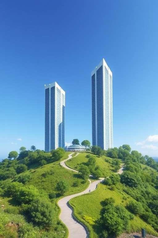 Create a vibrant digital illustration of a modern cityscape with three tall white skyscrapers on a green hillside, featuring a winding path leading through lush greenery, set against a clear blue sky, using a wide-angle lens at f/8, ISO 100, and natural lighting for enhanced clarity.