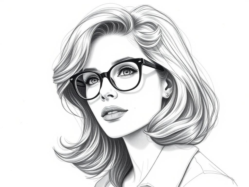 Beautiful Sigourney Weaver, pencil sketch, portrait of beautiful woman 60s in glasses, hair style beatnik, outline, clear lines, fine lines, 8k
