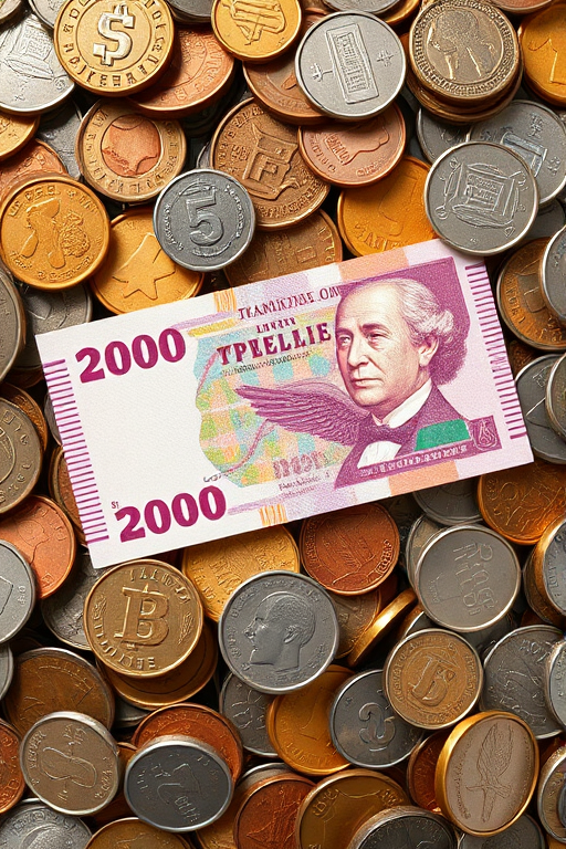 create a high-resolution digital illustration of a banknote surrounded by various coins, top view, use a Canon EOS R5 with a 50mm lens, aperture f/2.8, ISO 100, and natural lighting for vibrant colors and sharp details