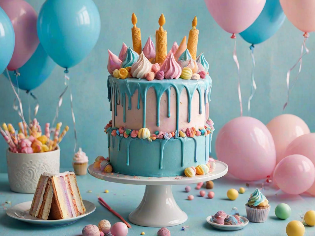 Create a colorful and whimsical cake design featuring pastel colors. The cake should have a smooth frosting finish with drips cascading down the sides. Add an ice cream cone on top and decorate with various candies, including swirled meringues, chocolate wafers, and pastel-colored candies. Surround the cake with soft balloons in shades of blue, pink, and cream for a festive touch.