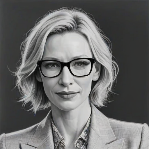 Lovely Cate Blanchett, pencil sketch, portrait of Captivating woman 1973s in glasses, hair style beatnik, outline, clear lines, fine lines, 8k