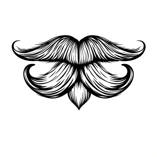 Generate a detailed black and white illustration of a vintage-style mustache with a smooth finish, using a DSLR camera with a 50mm lens at f/2.8 aperture, ISO 100, and a soft focus background for enhanced clarity.