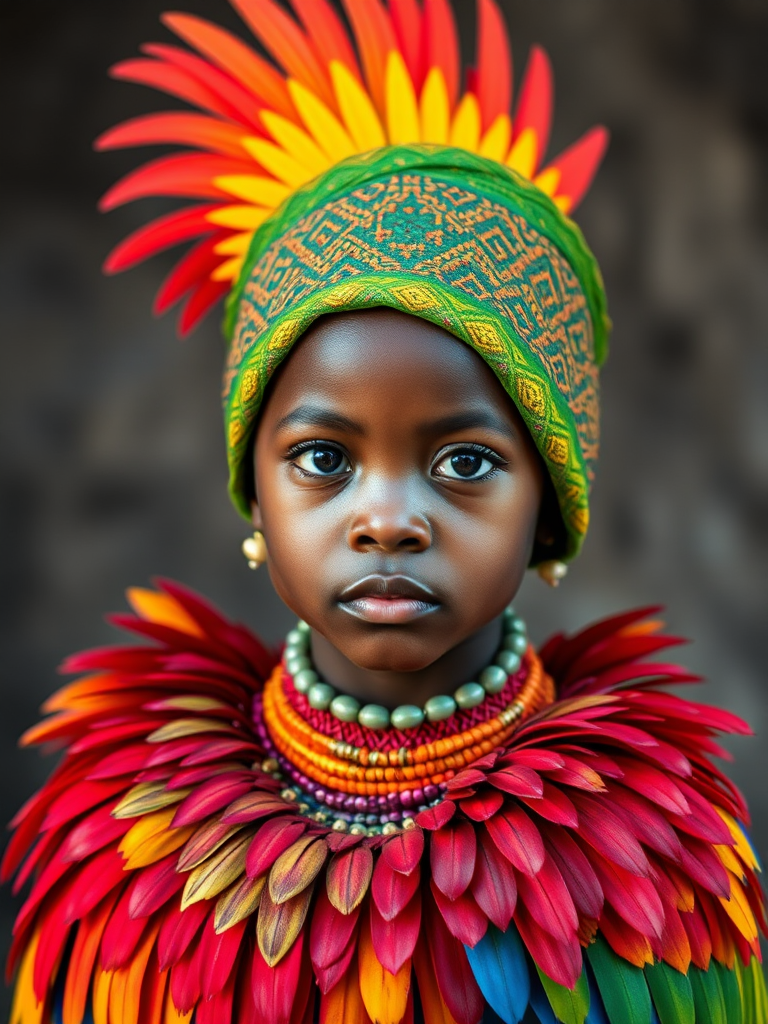 A beautiful Melanesian girl, wearing colorful bird clothing with vibrant colors
