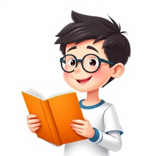 Create a digital illustration of a cartoon character with short hair and glasses, smiling while reading an orange book, with a plain white background, using a Canon EOS 5D Mark IV camera, 50mm lens, f/2.8 aperture, ISO 100, and soft lighting for enhanced clarity and detail.