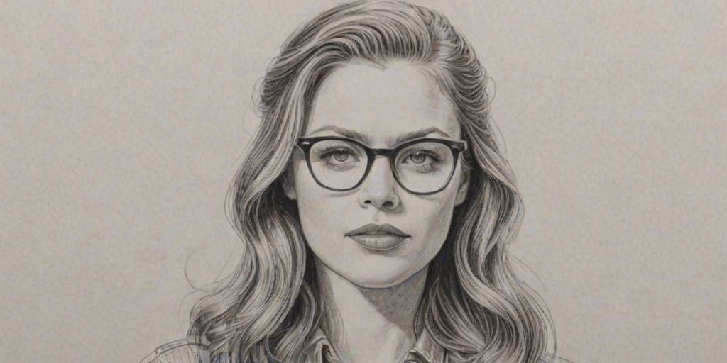 Magnificent Tracy Spiridakos, pencil sketch, portrait of Appealing woman 1943s in glasses, hair style beatnik, outline, clear lines, fine lines, 8k
