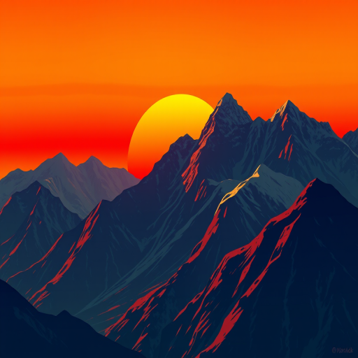 Create a digital illustration of a mountain range with a large sun setting behind it, featuring vibrant orange and red gradients in the sky, high-resolution, shot in a wide angle view with a digital painting style.