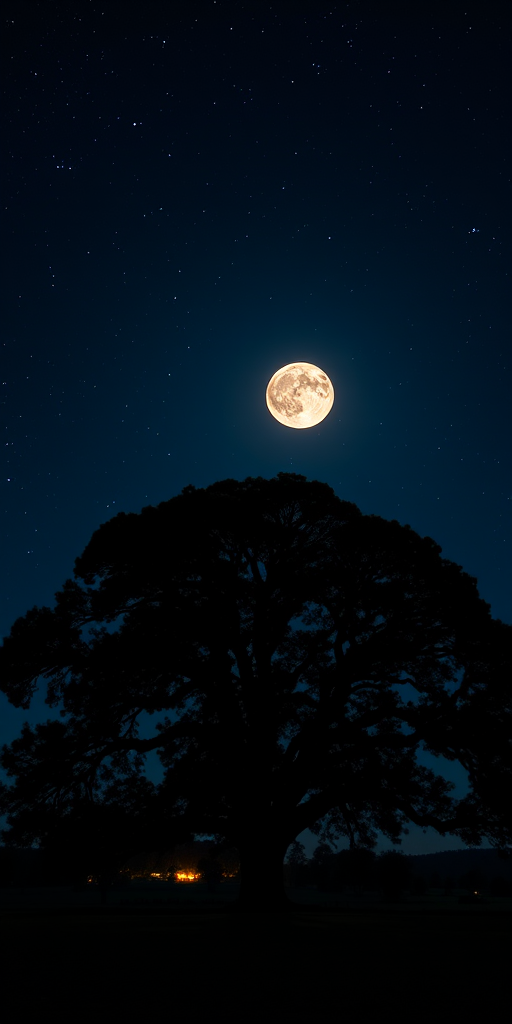 Create a night scene with a large glowing moon in a starry sky above a silhouette of a large tree, with distant glowing embers in the landscape, using a Canon EOS R5 with a 24mm f/1.4 lens, ISO 1600, shutter speed 10 seconds, and a wide-angle view to capture the expansive sky and foreground details.