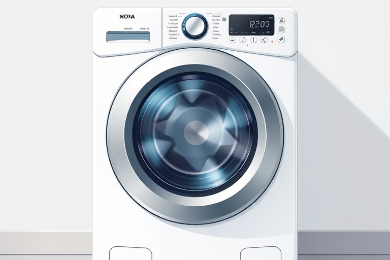 Create a high-resolution illustration of a modern washing machine, front view, with a sleek design and detailed controls, using a DSLR camera, f/4 aperture, 50mm lens, ISO 100, and natural lighting to enhance the overall clarity and color depth.