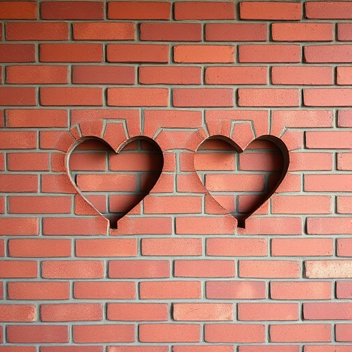 Create a high-resolution image of a textured red brick wall with two heart-shaped gaps cut out, using a DSLR camera set to f/8, ISO 200, with a 50mm lens, taken from a straight-on perspective to enhance depth and detail.