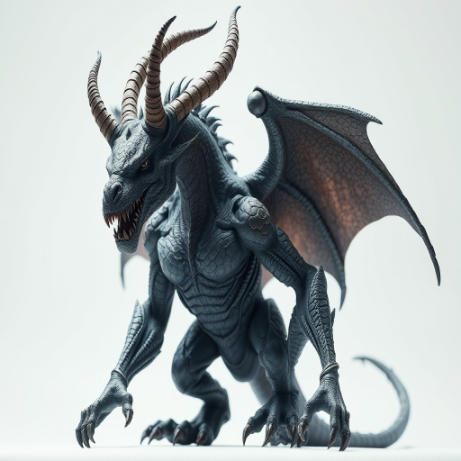 a fantasy creature resembling a dragon-human hybrid with intricate details, prominent horns, large wings, and a muscular build, shot in high resolution with a Canon EOS R5, 50mm lens, f/1.8 aperture, soft lighting from a low angle, minimalist background, focus on the creature's features and textures