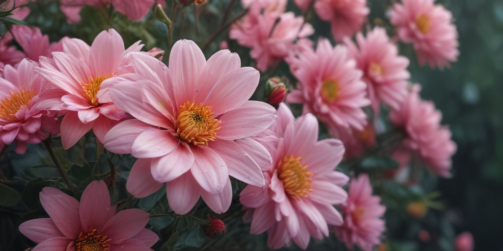 Vibrant Pink Flowers Blooming in a Lush Garden Setting with Bees
