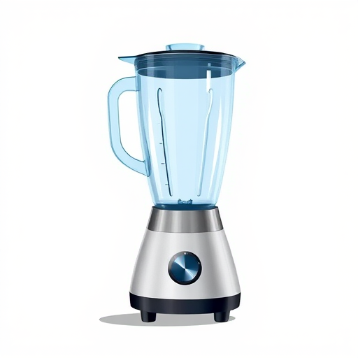 Create a highly detailed illustration of a modern blender with a transparent blue pitcher and silver base, using a DSLR camera with a 50mm lens, f/2.8 aperture, ISO 200, in soft natural lighting, captured from a straight-on view to highlight its features.