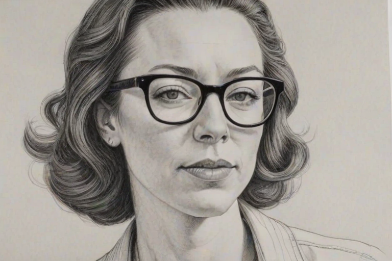 Appealing Molly Parker, pencil sketch, portrait of Alluring woman 1975s in glasses, hair style beatnik, outline, clear lines, fine lines, 8k