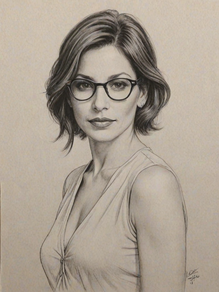 Superb Gina Gershon, pencil sketch, portrait of Elegant woman 1932s in glasses, hair style beatnik, outline, clear lines, fine lines, 8k