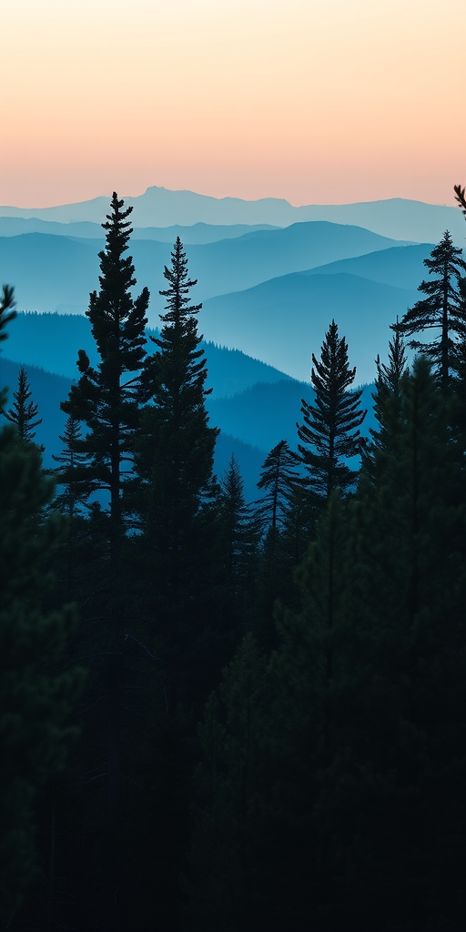 create a serene forest landscape at dawn with layered blue mountains in the background, tall pine trees in the foreground, soft diffused lighting, camera type: DSLR, lens: 50mm, aperture: f/8, shutter speed: 1/200s, ISO: 100, wide-angle view to capture depth and detail