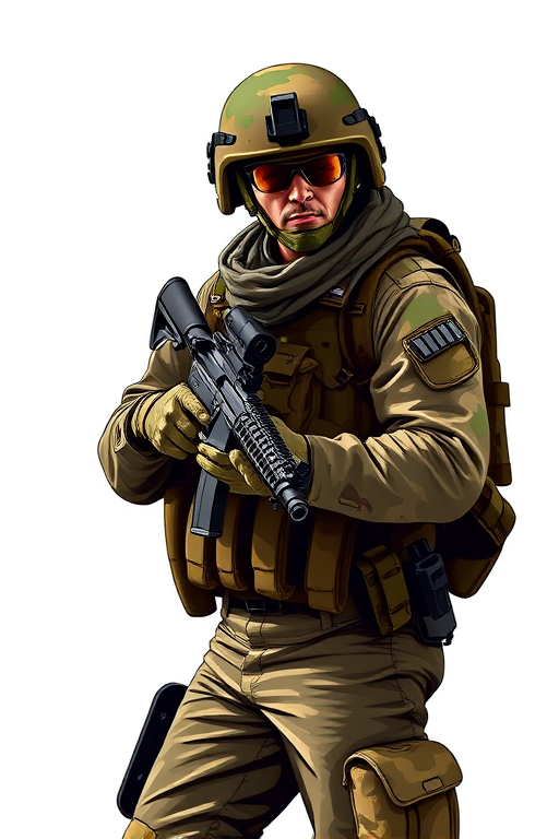 Create a highly detailed vector illustration of a soldier holding an M16 rifle, wearing a camouflage helmet and tactical gear, in a dynamic standing pose, using a Canon EOS R5 with a 50mm lens, aperture f/1.8 for depth of field, ISO 100 for clarity, and a bright, focused lighting setup.