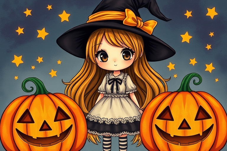 create a detailed illustration of a cute witch girl with long flowing hair, wearing a classic witch hat and a frilly dress, standing between two carved pumpkins, include whimsical stars in the background, use a Canon EOS R5 camera, set aperture to f/2.8, ISO 100, shutter speed 1/200s, 35mm lens to enhance image quality and depth, focus on vibrant colors and fine details in the illustration