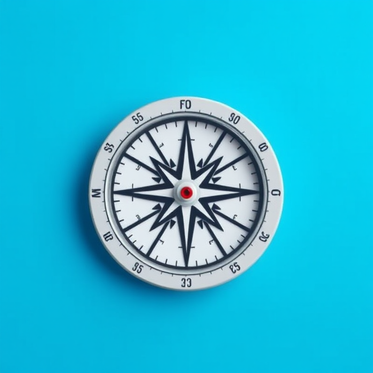 Create an image of a modern compass design with a bright blue background, ensuring high detail and clarity, shot with a DSLR camera at f/8 aperture, ISO 100, 50mm lens, frontal view, and soft lighting to enhance contrast and visibility.