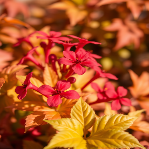 close-up shot of vibrant red flowers and autumn leaves, natural light, aperture f/2.8, ISO 100, 50mm lens, DSLR camera, vibrant colors and rich detail