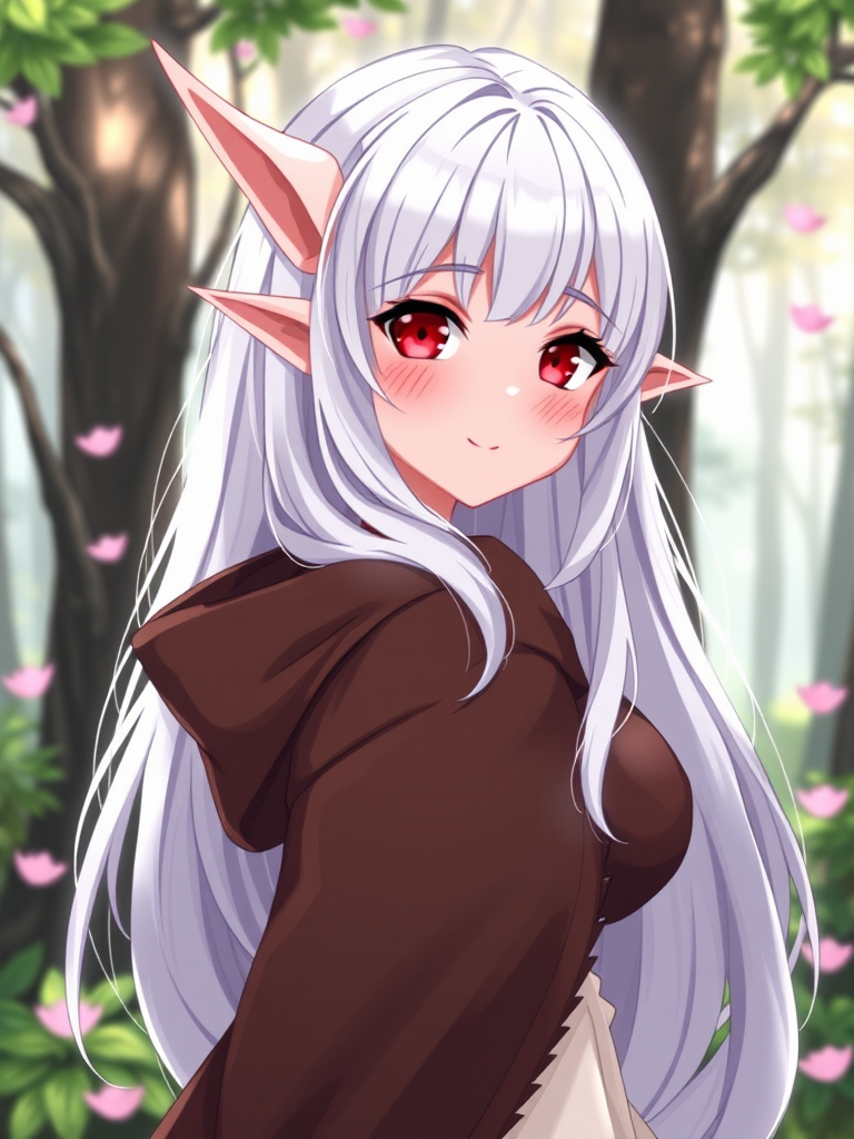 1girl, pointy ears, solo, red eyes, smile, elf, looking at viewer, white hair, petals, long hair, upper body, outdoors, cloak, forest, hood, blush, nature, hooded cloak, cape, shirt, hood down, parted lips, looking back, day, bangs, large breasts,