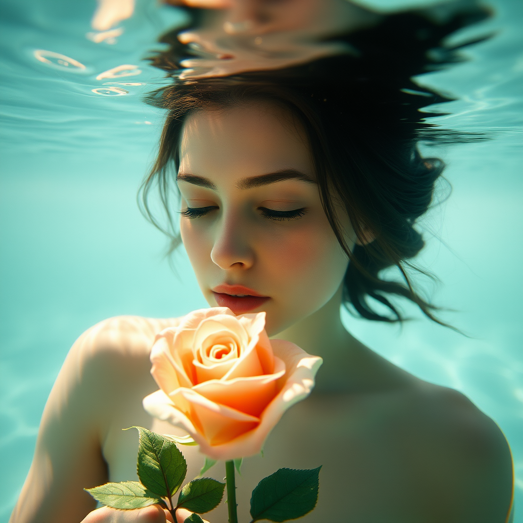 A woman underwater, gazing at a rose Her face is reflected in the water's surface The scene is illuminated by sunlight filtering through the water The atmosphere is serene and contemplative
