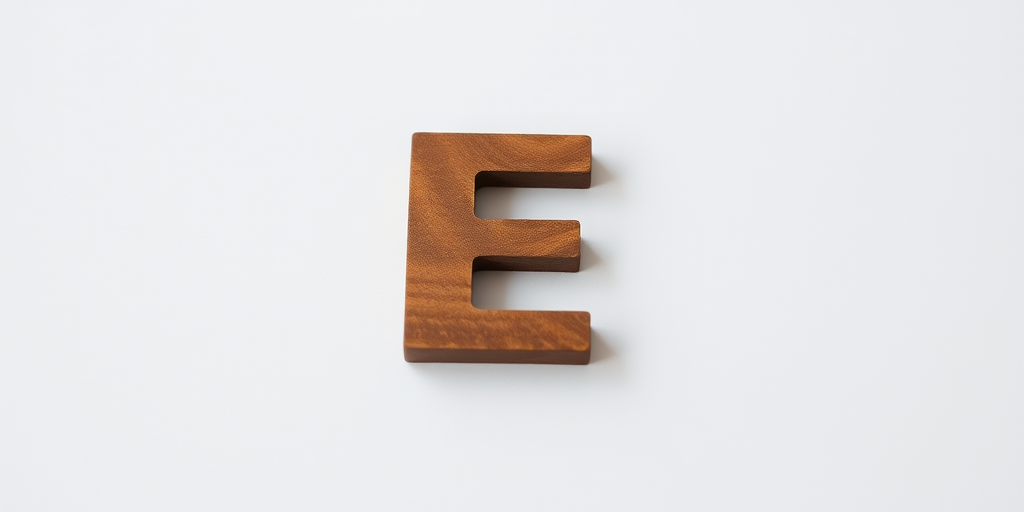 Regenerate the image of a wooden letter 'E' on a plain background, shot with a 50mm lens at f/1.8, ISO 100, with a soft focus effect and a shallow depth of field using a DSLR camera.
