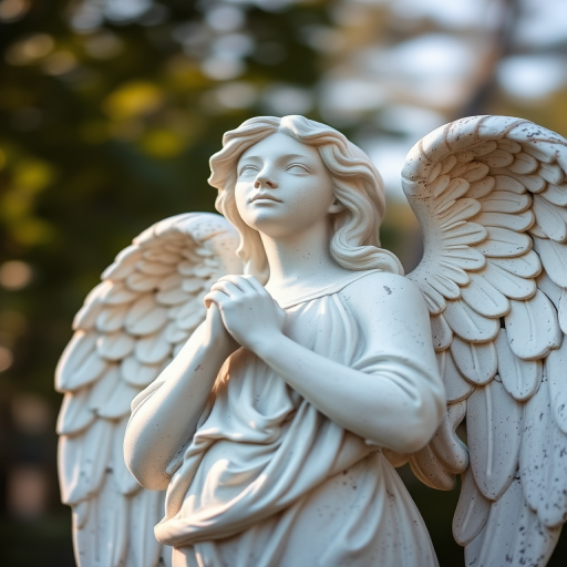 Generate a high-resolution image of a serene angel statue with intricate details, captured with a DSLR camera, 50mm lens, aperture f/1.8, ISO 100, in soft natural lighting to enhance texture and contrast, with a slight upward angle view to emphasize the angel's posture and wings.