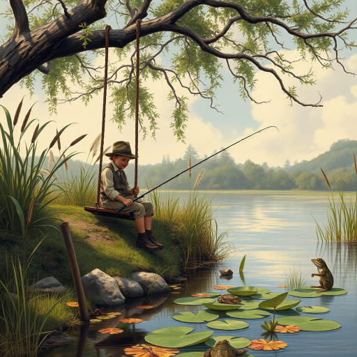 Imagine a small group of old fashioned young boys out fishing by the creek, a swing hanging from a tree branch, reeds and grasses by the water's edge, a frog sitting on a lily pad, dragonflies hovering over som water plans, a very iconic old fashioned scene reminiscent of a Norman Rockwell painting style