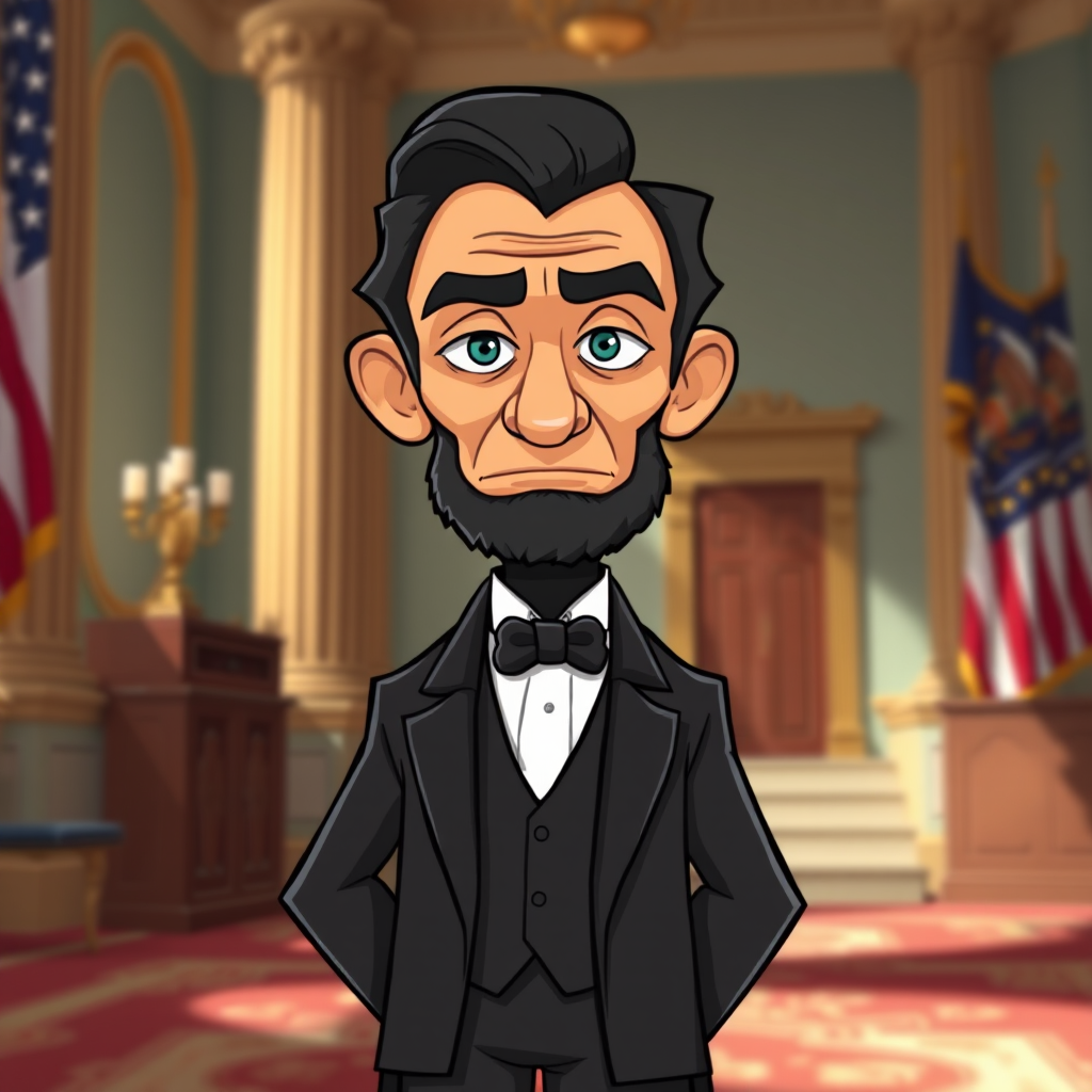 generate a cartoon-style image of Abraham Lincoln standing confidently in a tuxedo with a stern expression, use a 50mm lens, f/2.8 aperture, ISO 100, shot from eye level in a well-lit environment to enhance details and colors