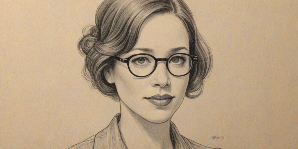 Pleasing Marla Sokoloff, pencil sketch, portrait of Charming woman 1929s in glasses, hair style beatnik, outline, clear lines, fine lines, 8k
