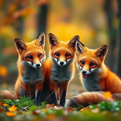 Generate a hyper-realistic image of three foxes in a vibrant forest setting with soft bokeh in the background, using a Canon EOS R5 camera, 85mm f/1.2 lens, f/2.8 aperture, 1/200s shutter speed, and ISO 100 for enhanced clarity and depth.