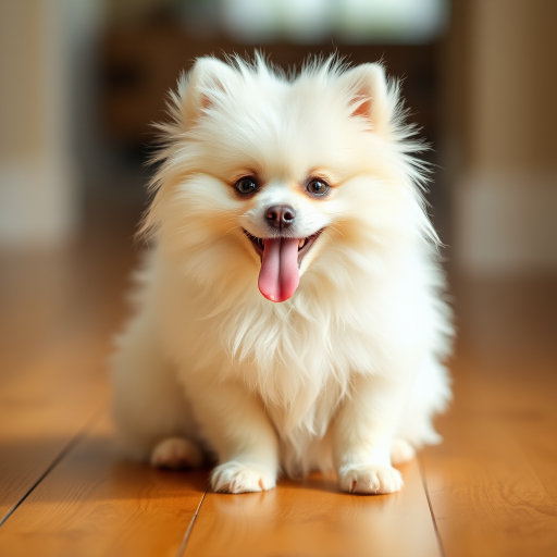 A fluffy white Pomeranian dog sits on a wooden floor, looking directly at the viewer with a playful expression and tongue sticking out. The dog's fur is incredibly soft and fluffy, illuminated by warm, natural lighting. The background is blurred and out of focus, emphasizing the dog's soft features and playful demeanor.  The composition is simple and centered, focusing entirely on the dog.  The image evokes a sense of joy and innocence.