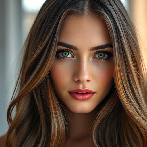 Create a high-resolution portrait of a woman with long hair and striking green eyes, using a Canon EOS R5 with a 50mm lens, aperture f/1.8, ISO 100, in natural soft light, with a slightly blurred background for depth.