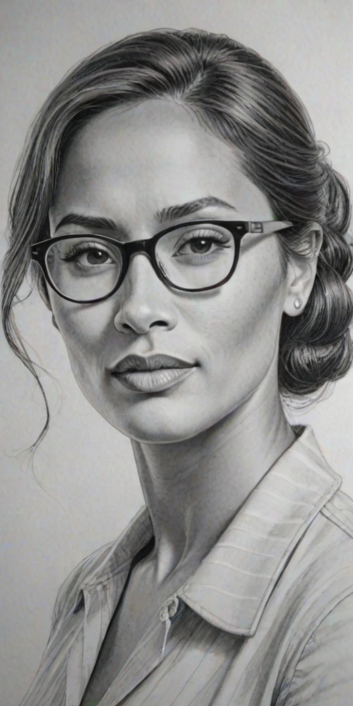 Enticing Dwayne Johnson, pencil sketch, portrait of Comely woman 1952s in glasses, hair style beatnik, outline, clear lines, fine lines, 8k