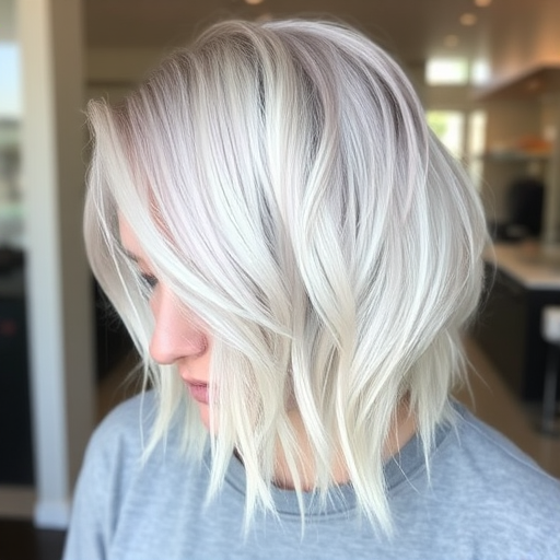 Trendy hair style exhibiting a textured lob with choppy layers and a rooted platinum blonde look blending into icy white ends