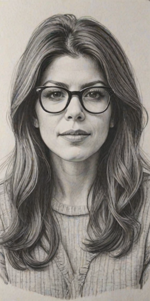 Captivating Marisa Tomei, pencil sketch, portrait of Pleasing woman 1976s in glasses, hair style beatnik, outline, clear lines, fine lines, 8k